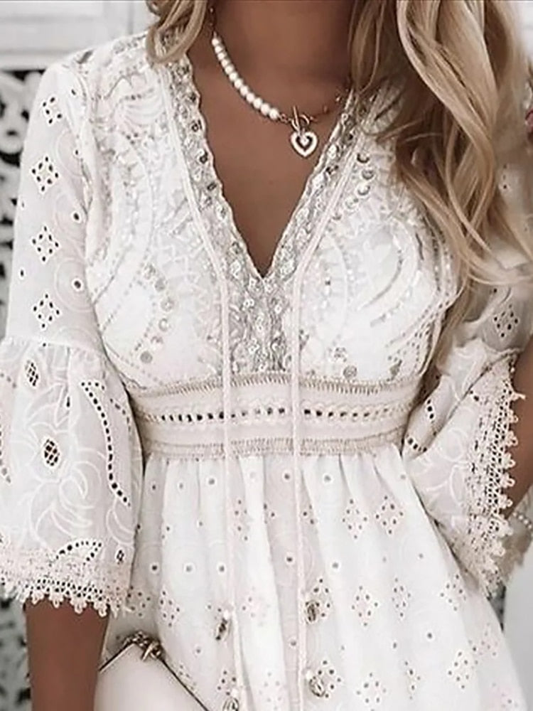 Vestido midi de mujer bohemio con escote en V
