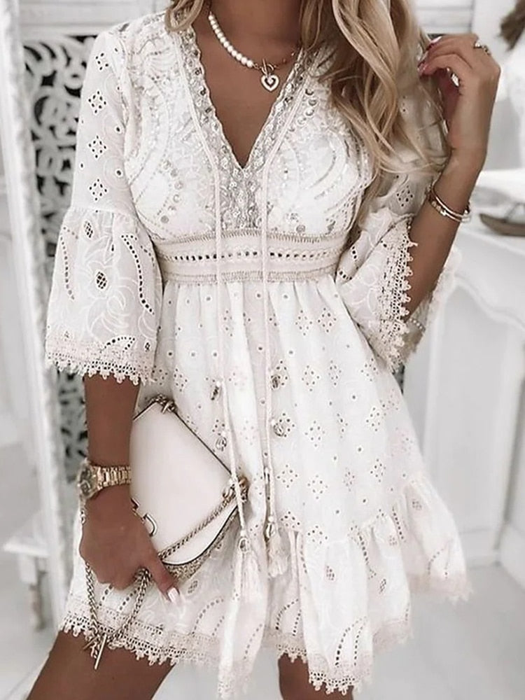 Vestido midi de mujer bohemio con escote en V