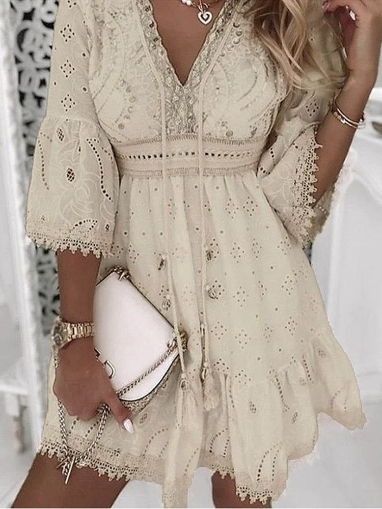 Vestido midi de mujer bohemio con escote en V
