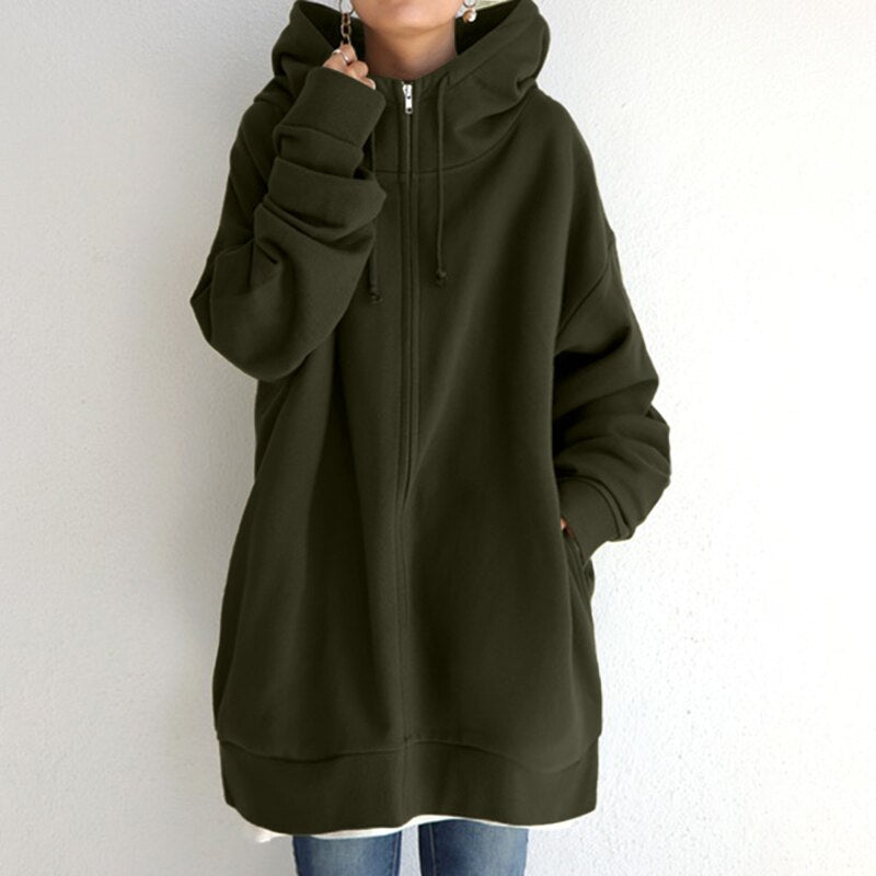 Sudadera oversize para mujer con capucha y cremallera – modelo largo y comodidad informal