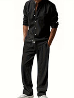 Conjunto completo de hombre de lino con camisa de cuello alto y pantalones