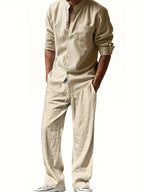 Conjunto completo de hombre de lino con camisa de cuello alto y pantalones