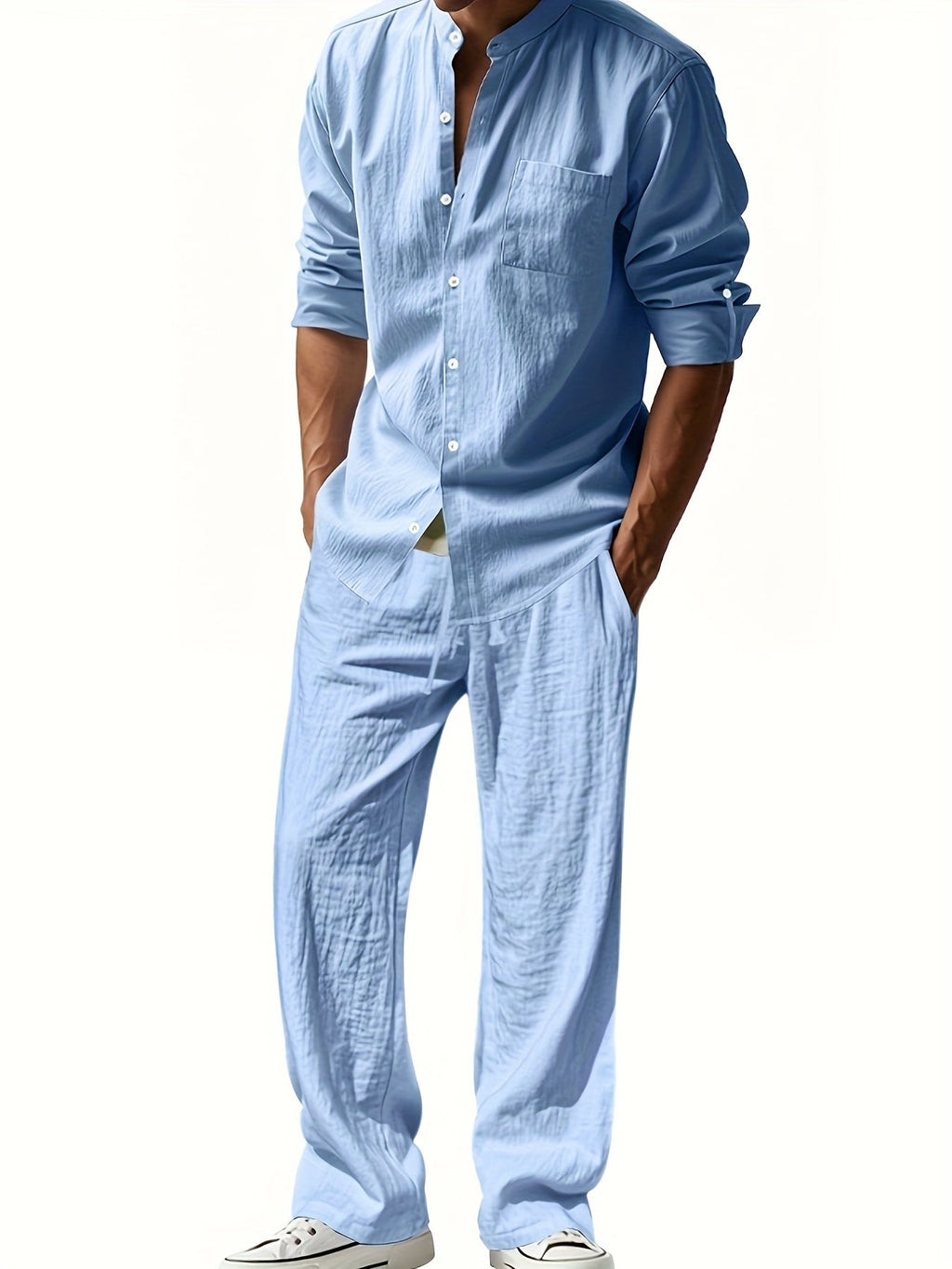Conjunto completo de hombre de lino con camisa de cuello alto y pantalones