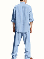 Conjunto completo de hombre de lino con camisa de cuello alto y pantalones