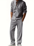 Conjunto completo de hombre de lino con camisa de cuello alto y pantalones