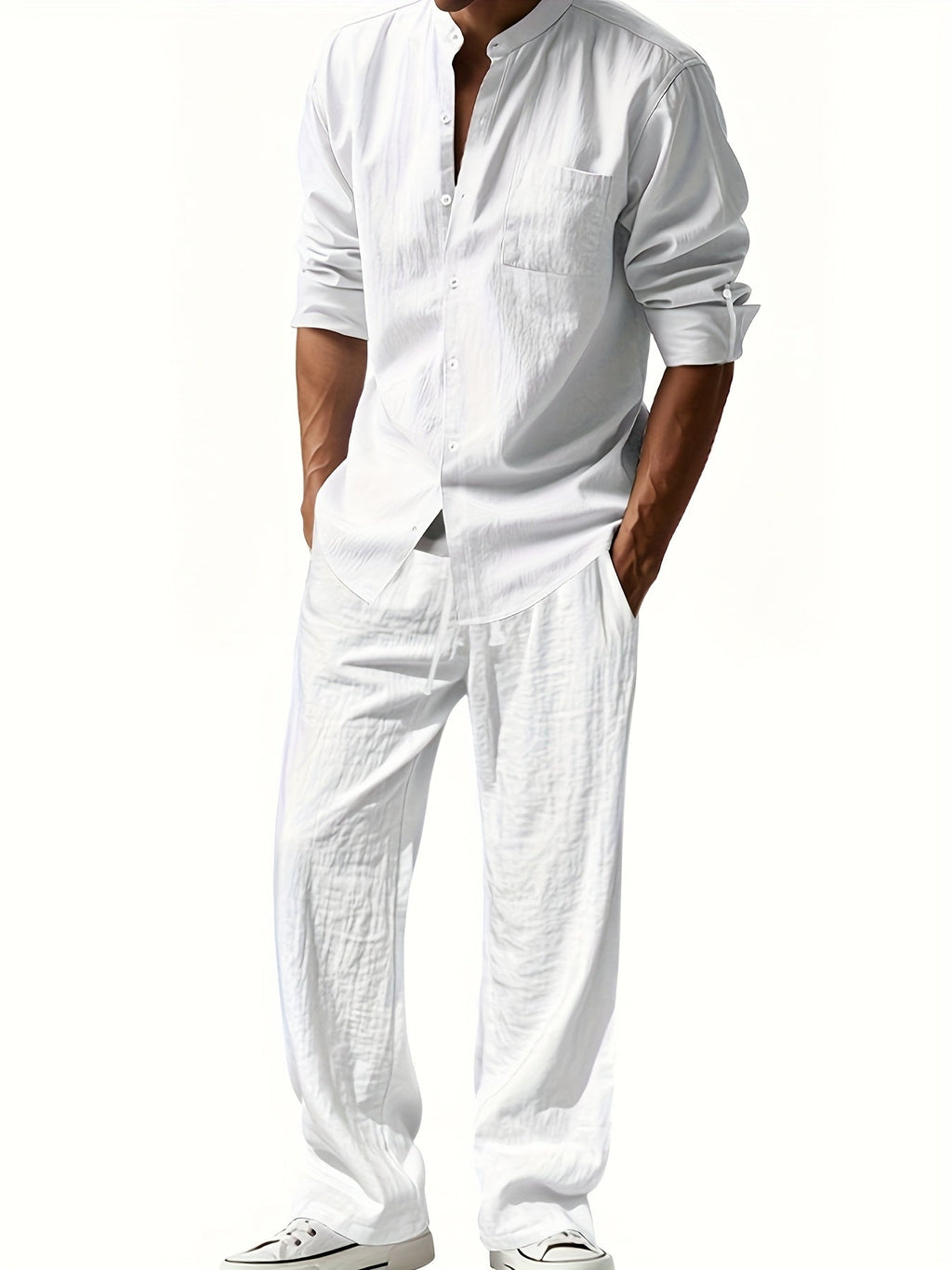 Conjunto completo de hombre de lino con camisa de cuello alto y pantalones