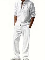 Conjunto completo de hombre de lino con camisa de cuello alto y pantalones