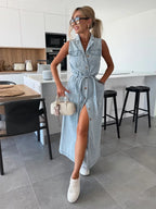 Abito in Denim Senza Maniche Silhouette Stile Moderno