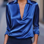 Blouse élégante pour femme en satin avec col en V et col drapé - chemise satinée à manches longues