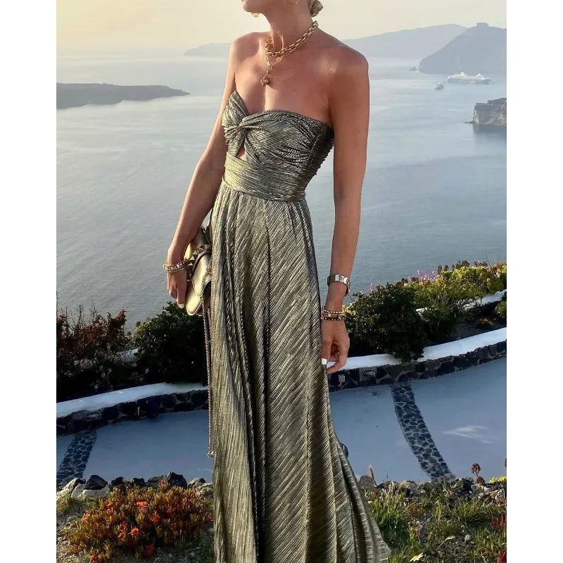 Robe maxi femme plissée scintillante avec bustier