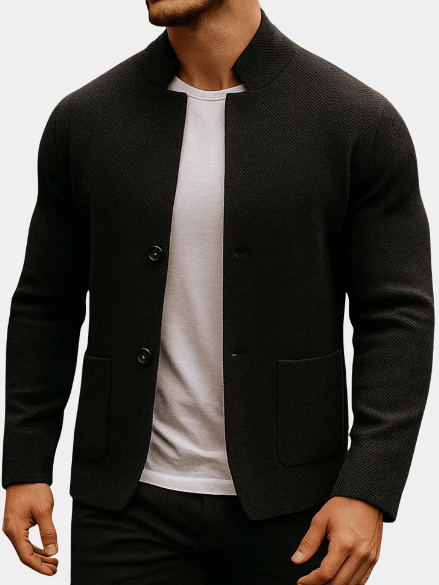 Cardigan Uomo in Maglia Strutturata con Collo Alto e Tasche Applicate – Stile Casual Elegante