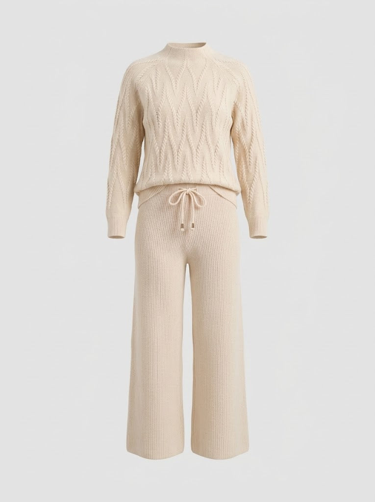Ensemble femme en maille torsadée avec pantalon à jambes larges