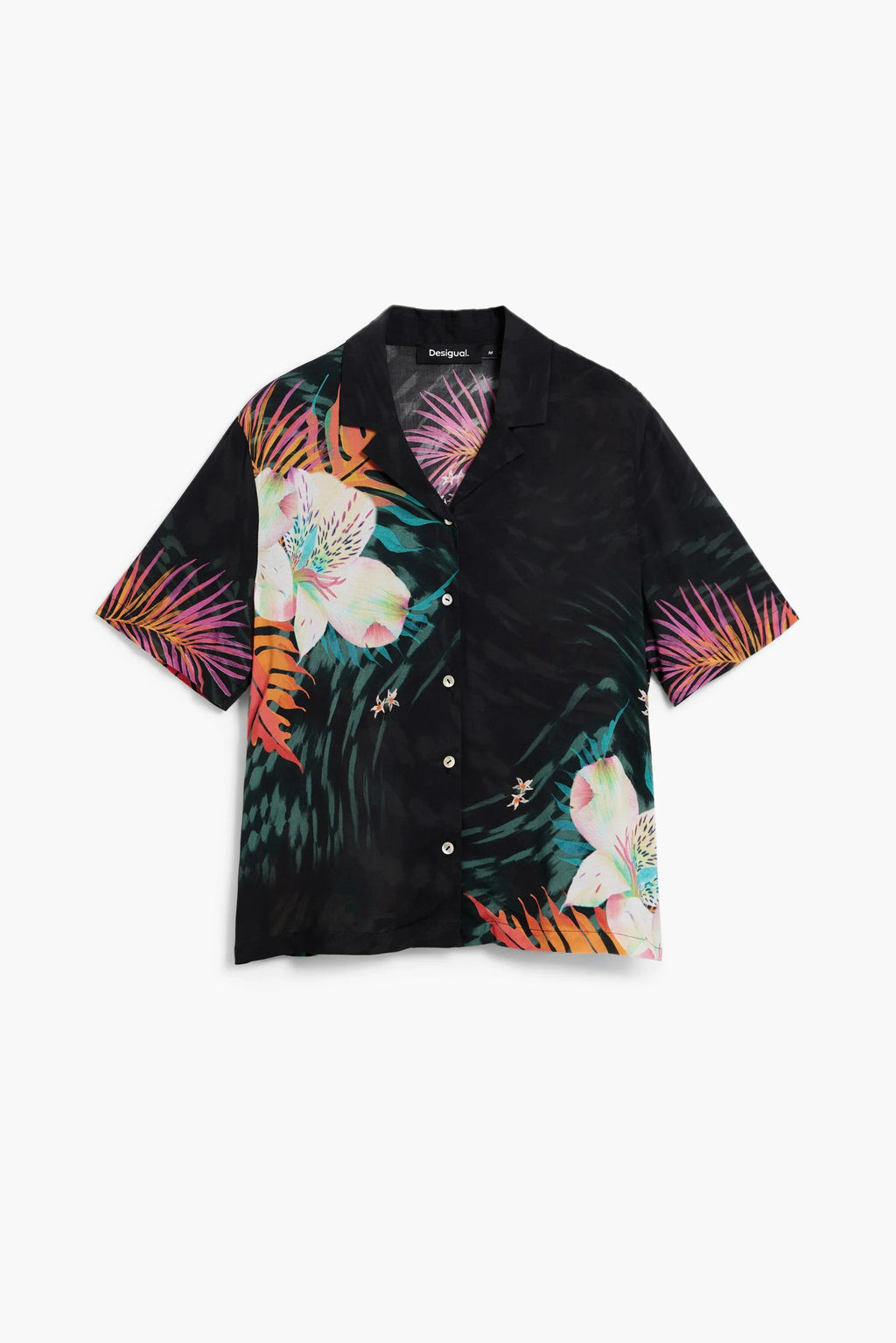 Blusa de mujer negra de manga corta con estampado