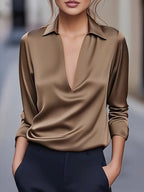 Blouse élégante pour femme en satin avec col en V et col drapé - chemise satinée à manches longues