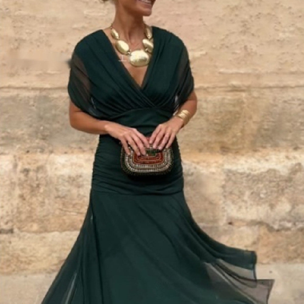 Abito Maxi Donna in Chiffon con Scollo a V Drappeggiato