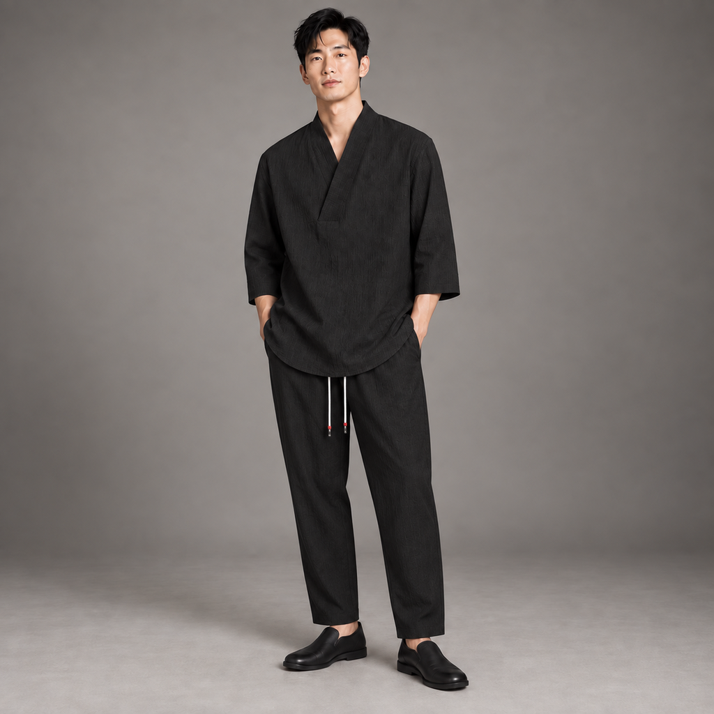Ensemble oversize deux pièces pour homme - tunique à col en V et pantalon décontracté à cordon de serrage