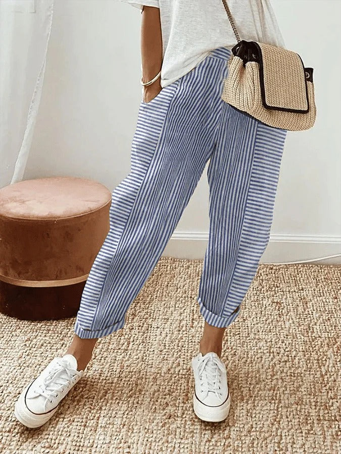 Pantaloni a Righe Donna Silhouette Larga Comfort Estivo