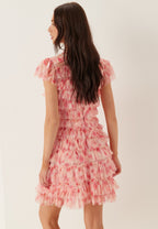 Abito Mini in Tulle con Collo Alto e Volant a Strati