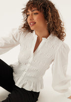 Blusa in Cotone con Smock, Scollatura a V e Maniche a Palloncino