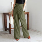 Pantalon palazzo femme taille haute portefeuille avec nœud latéral - Modèle élégant à jambes larges