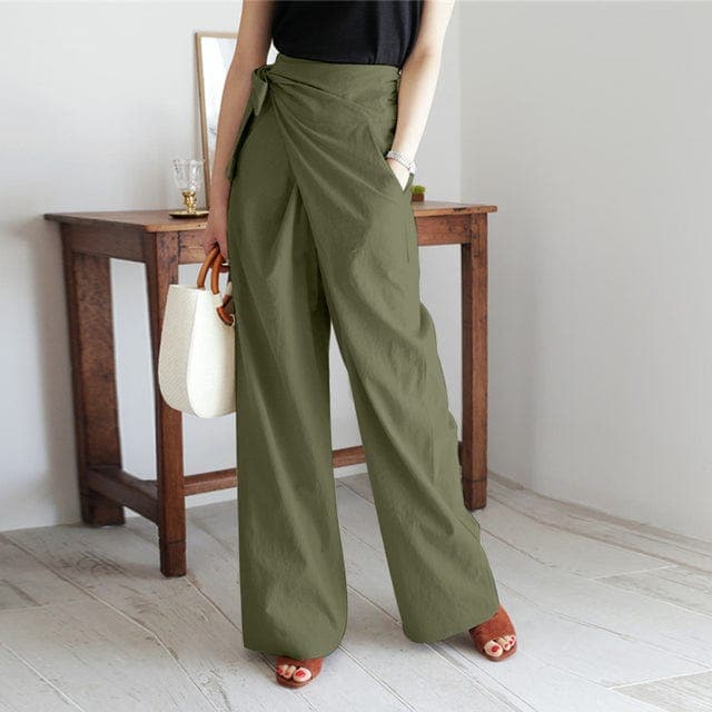 Pantalon palazzo femme taille haute portefeuille avec nœud latéral - Modèle élégant à jambes larges