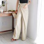 Pantalon palazzo femme taille haute portefeuille avec nœud latéral - Modèle élégant à jambes larges