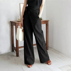 Pantalon palazzo femme taille haute portefeuille avec nœud latéral - Modèle élégant à jambes larges
