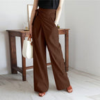 Pantalon palazzo femme taille haute portefeuille avec nœud latéral - Modèle élégant à jambes larges