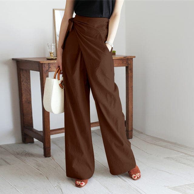 Pantalon palazzo femme taille haute portefeuille avec nœud latéral - Modèle élégant à jambes larges