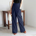Pantalon palazzo femme taille haute portefeuille avec nœud latéral - Modèle élégant à jambes larges