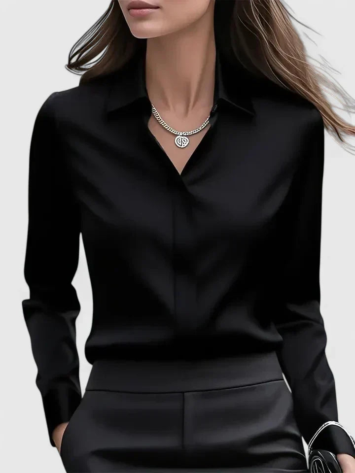 Blusa Elegante Donna in Raso con Maniche Lunghe e Colletto – Camicia Satinata per Ufficio e Look Chic