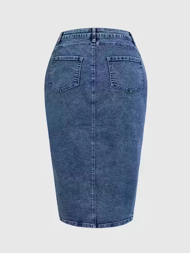Gonna Midi Donna in Denim a Vita Alta con Bottoni Frontali