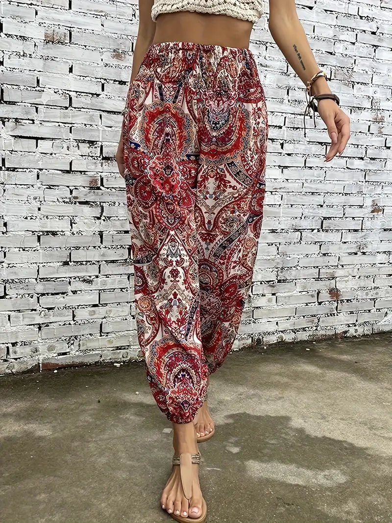 Pantaloni Boho Donna Stampati a Gamba Larga con Vita Elasticizzata
