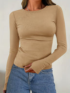Pull côtelé fin pour femme avec col rond - Coupe ajustée et manches longues
