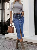 Gonna Midi Donna in Denim a Vita Alta con Bottoni Frontali