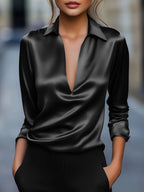 Blouse élégante pour femme en satin avec col en V et col drapé - chemise satinée à manches longues