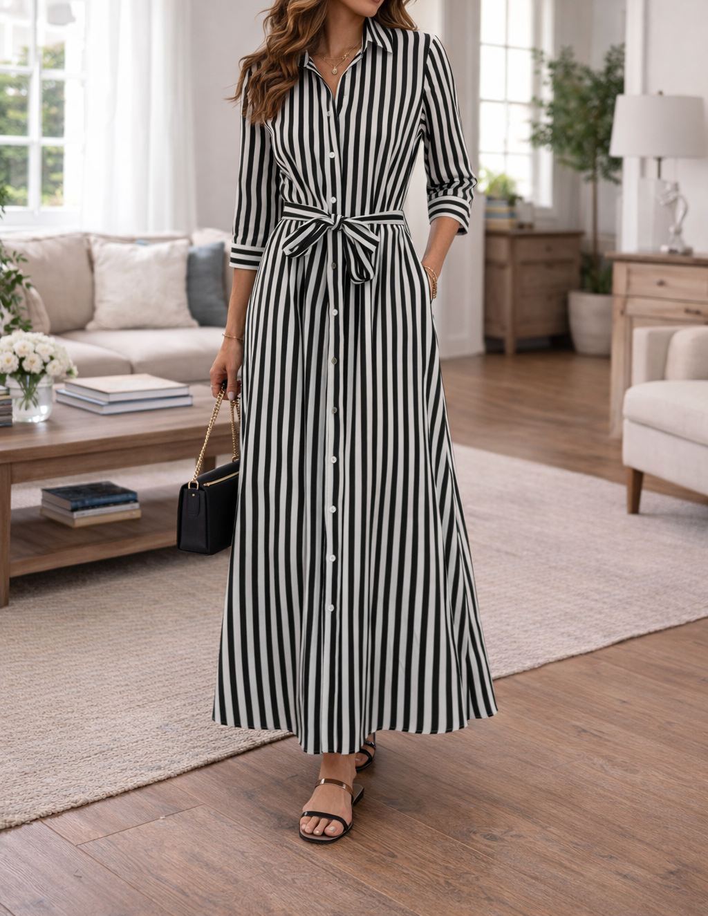 Abito Maxi da Donna con Bottoni e Cintura in Vita