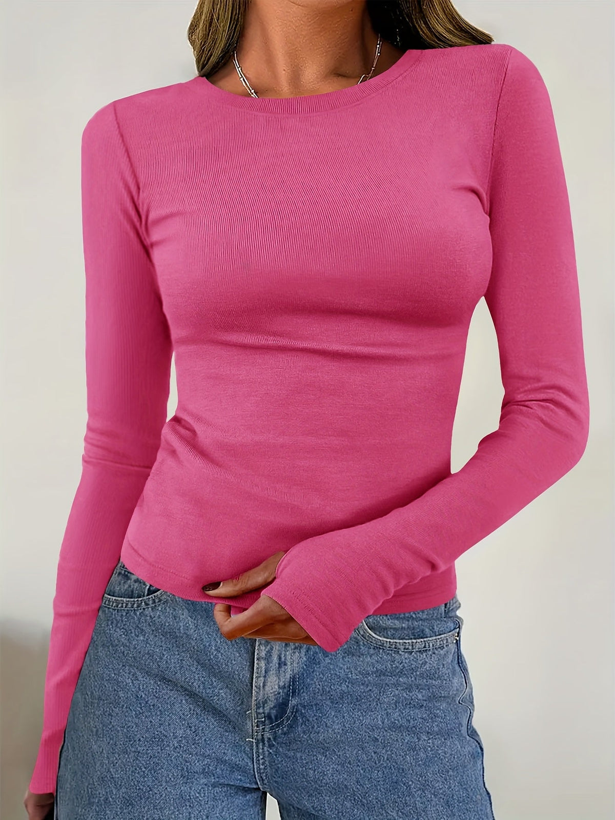 Pull côtelé fin pour femme avec col rond - Coupe ajustée et manches longues
