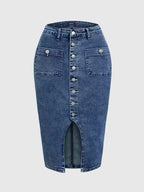 Gonna Midi Donna in Denim a Vita Alta con Bottoni Frontali