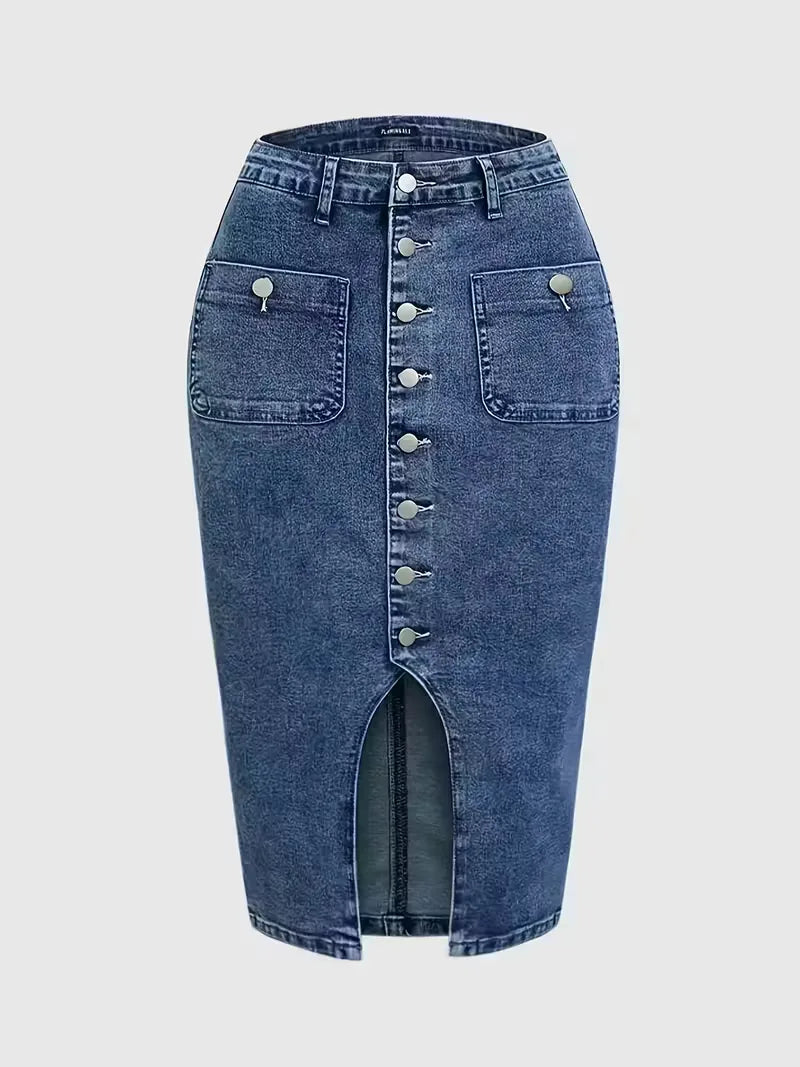 Gonna Midi Donna in Denim a Vita Alta con Bottoni Frontali