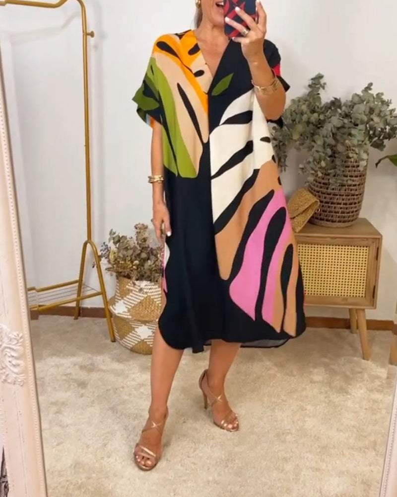 Vestito Midi Shift con Scollatura a V e Stampa Foglie