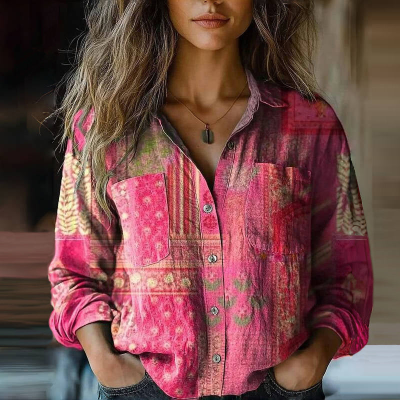 Camicia Donna Stampata con Bottoni e Maniche Lunghe – Eleganza Casual e Vestibilità Comoda