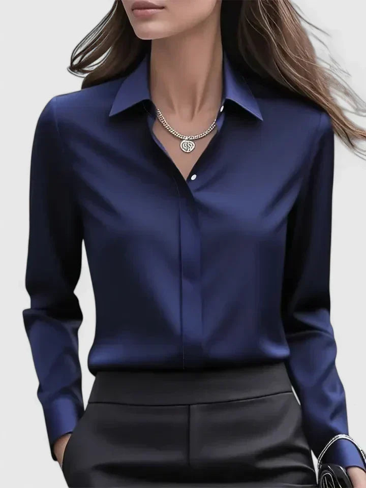 Blusa Elegante Donna in Raso con Maniche Lunghe e Colletto – Camicia Satinata per Ufficio e Look Chic