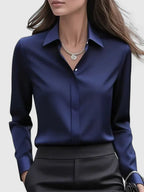 Blusa Elegante Donna in Raso con Maniche Lunghe e Colletto – Camicia Satinata per Ufficio e Look Chic