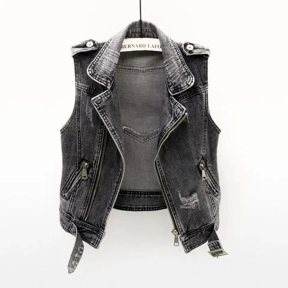 Gilet Biker Uomo in Denim con Zip Asimmetrica e Cintura