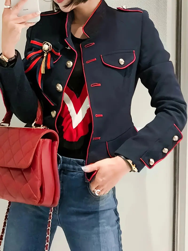 Blazer Donna Stile Militare con Collo Alto – Giacca Elegante Sagomata con Profili a Contrasto