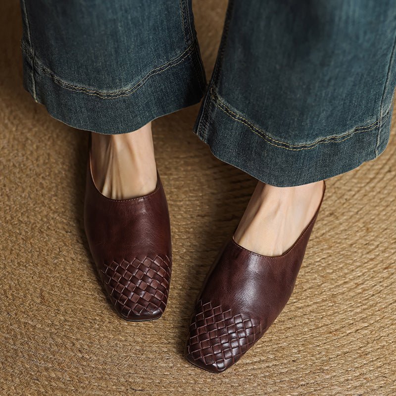 Mocasines de mujer de piel auténtica trenzada con punta cuadrada - Elegancia y comodidad para el verano