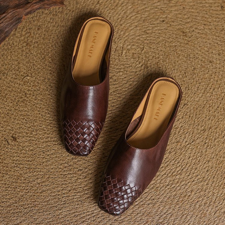 Mocasines de mujer de piel auténtica trenzada con punta cuadrada - Elegancia y comodidad para el verano