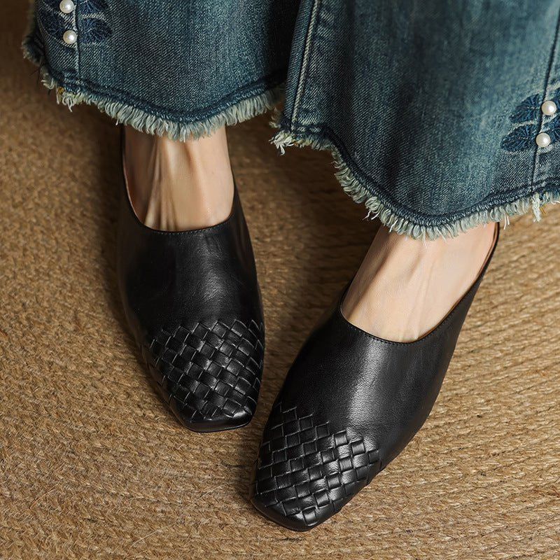Mocasines de mujer de piel auténtica trenzada con punta cuadrada - Elegancia y comodidad para el verano