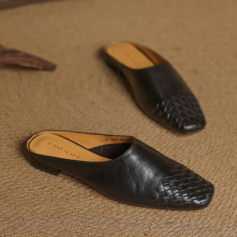 Mocasines de mujer de piel auténtica trenzada con punta cuadrada - Elegancia y comodidad para el verano